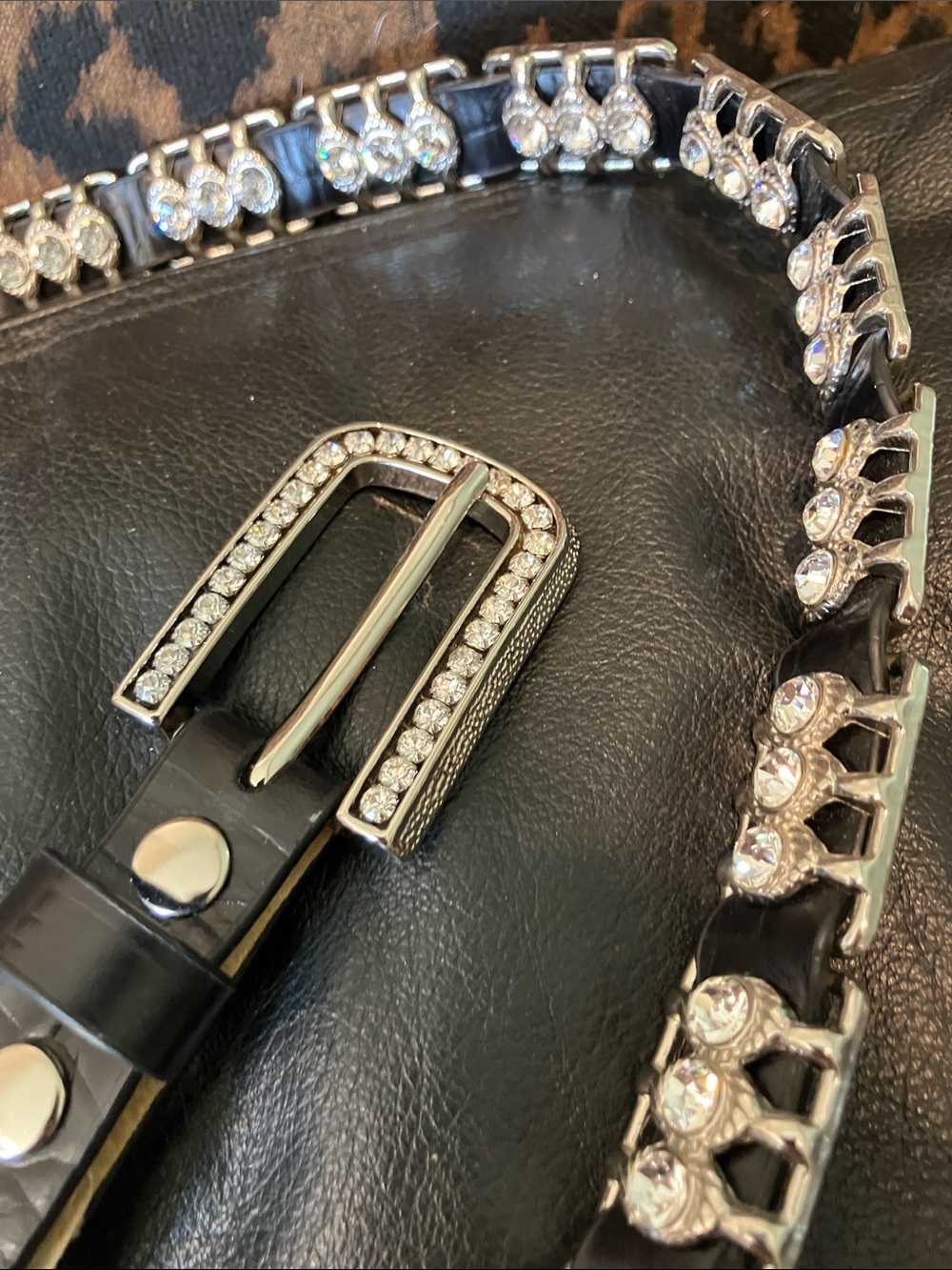 Black croc embossed leather Rhinestone belt